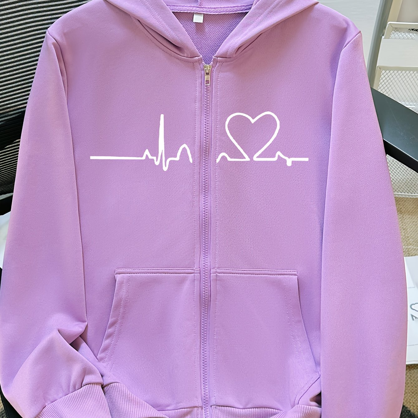 TEMU Veste à Capuche Imprimée de Cœur pour Femmes - Sweatshirt Décontracté Toutes à Manches Longues, Polyester Légèrement Extensible avec Poche &