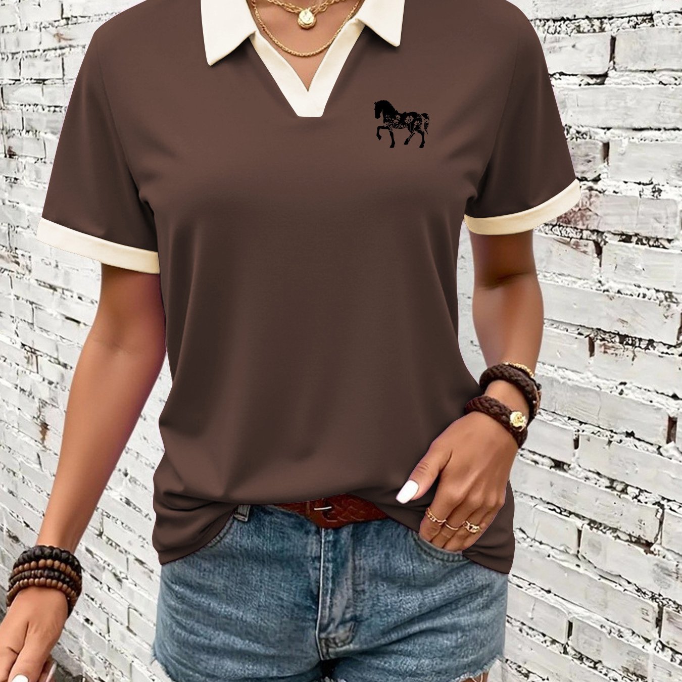 TEMU T-shirt à col polyvalent, manches courtes, style tendance printemps/été, T-shirt pour femme de marque streetwear, pull-over, polyvalent pour les