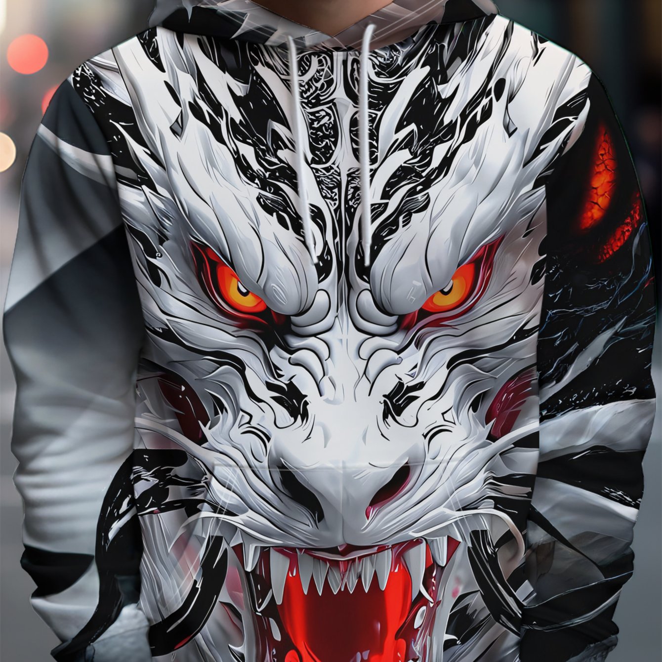 TEMU Men's Streetwear Brand Hooded Sweatshirt - White And Dragon With Red Eyepits, With Bared Fangs, Intimidating And . Full Of Streetwear Brand