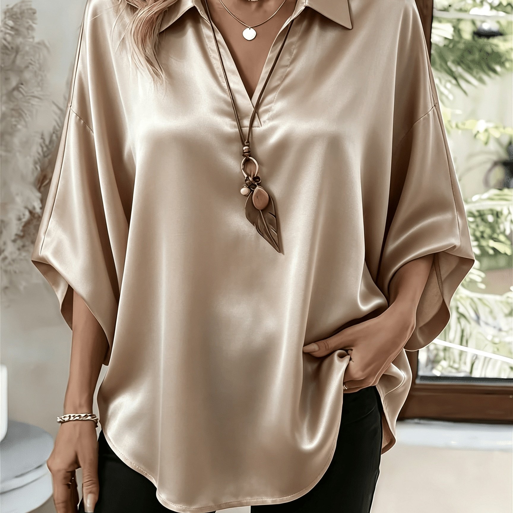 TEMU Plus Size, Satin Large Size Women' Color Fashionable Lapel Half Sleeve Elegant Top Shirt