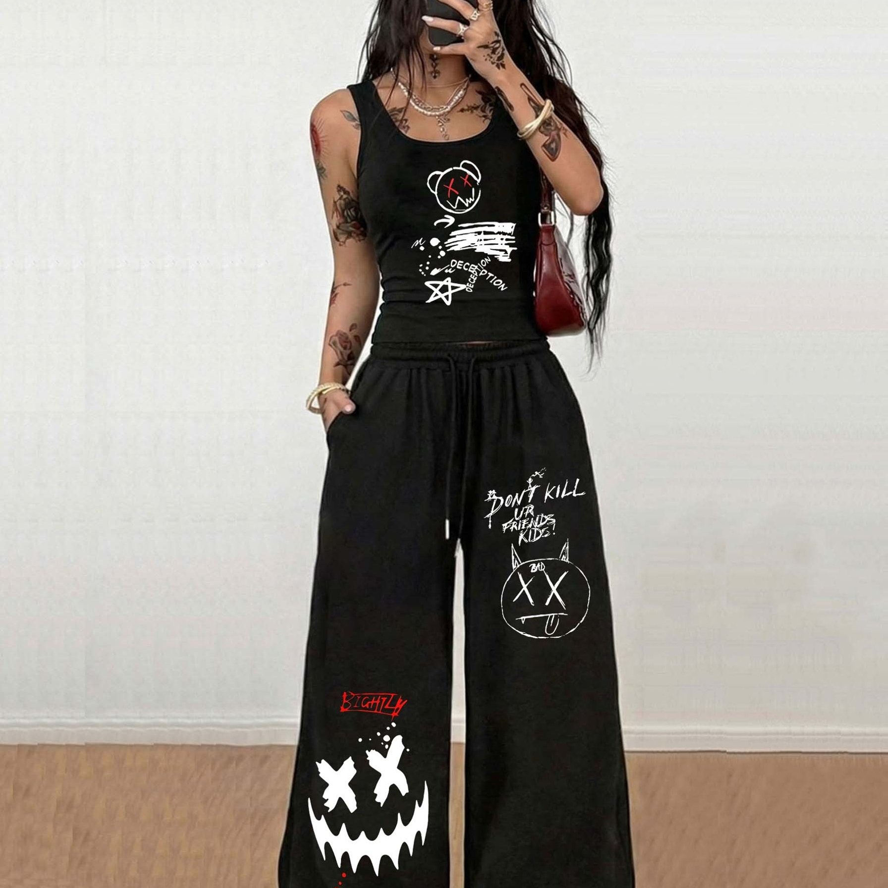 TEMU Y2k Casual Street 2pcs Suit With Cool Prints Women's Slim Vest   Wide-leg Pants Daily Hip- Spring, Summer And Autumn Must-haves For Her