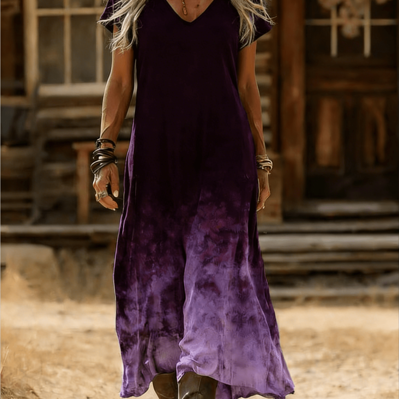 Spring And Summer -neck Women's Long Dress, Retro Ethnic Purple Gradient Print Short Sleeve Western Cowboy Style Long Dress, Stretch Material, Comfortable, Casual Women's Dress, Machine Washable