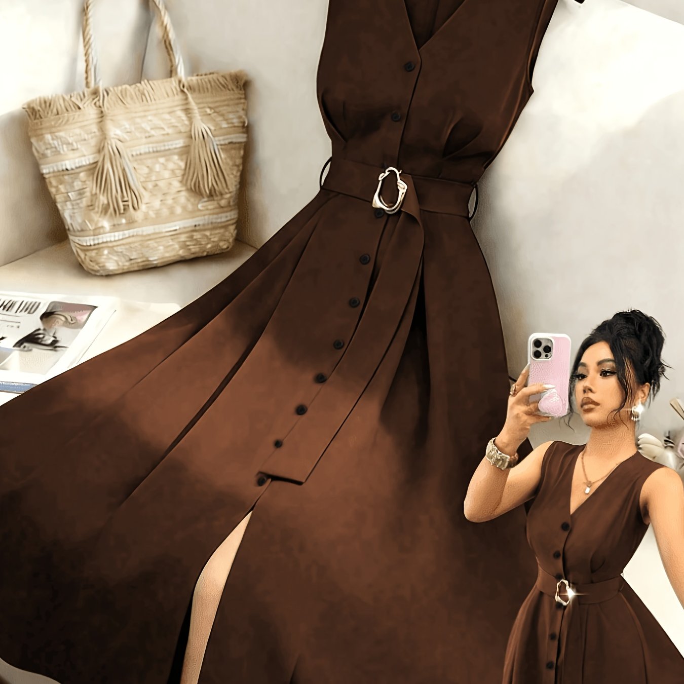 TEMU New Women's Sleeveless V-neck Cardigan With Metal Rings, Elegant Slim-fit Long Bridesmaid Dress, Versatile For Commuting, Parties, And Music