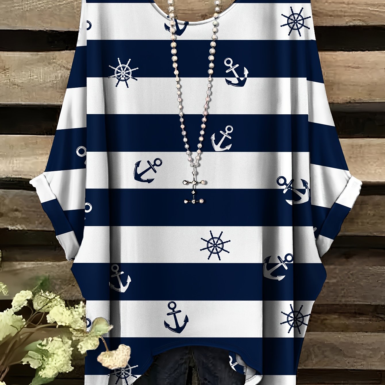 E-shop Plus Size - Modevolles Kurzarm-T-Shirt in Übergröße mit Ankerdruck, Bequemes Rundhals Kurzarm-T-Shirt für den Strand, Damenmode in Übergröße,