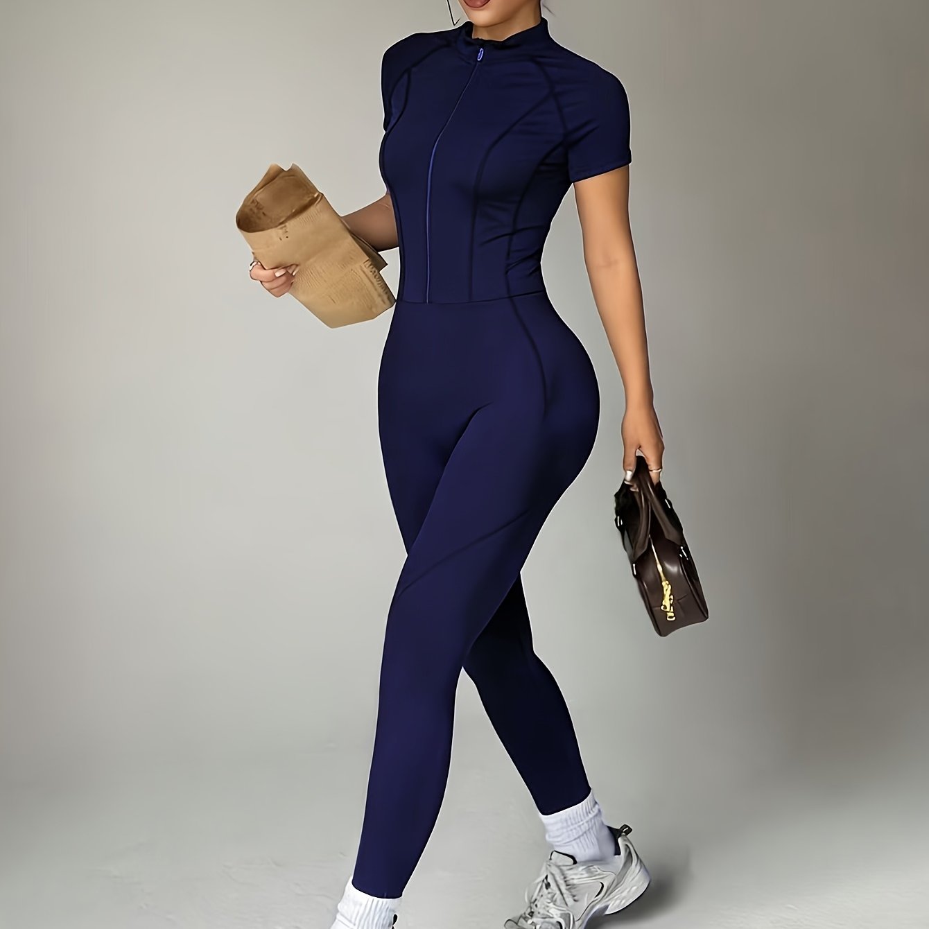 TEMU Women's Slim-fit Stretchy Yoga Jumpsuit, Half- With Tight-fitting Long Pants, Soft And Skin-friendly Material