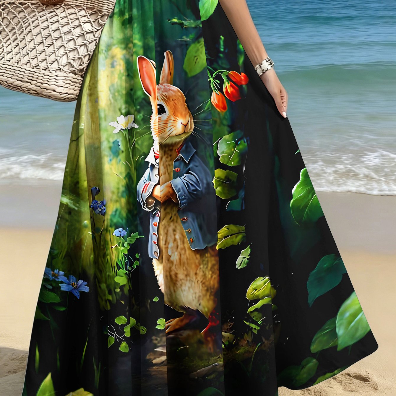 TEMU Plus-size Women's Elegant And Stylish Midi Skirt, Casual Printed Midi Dress Rabbit In Blue Jacket Pattern, For