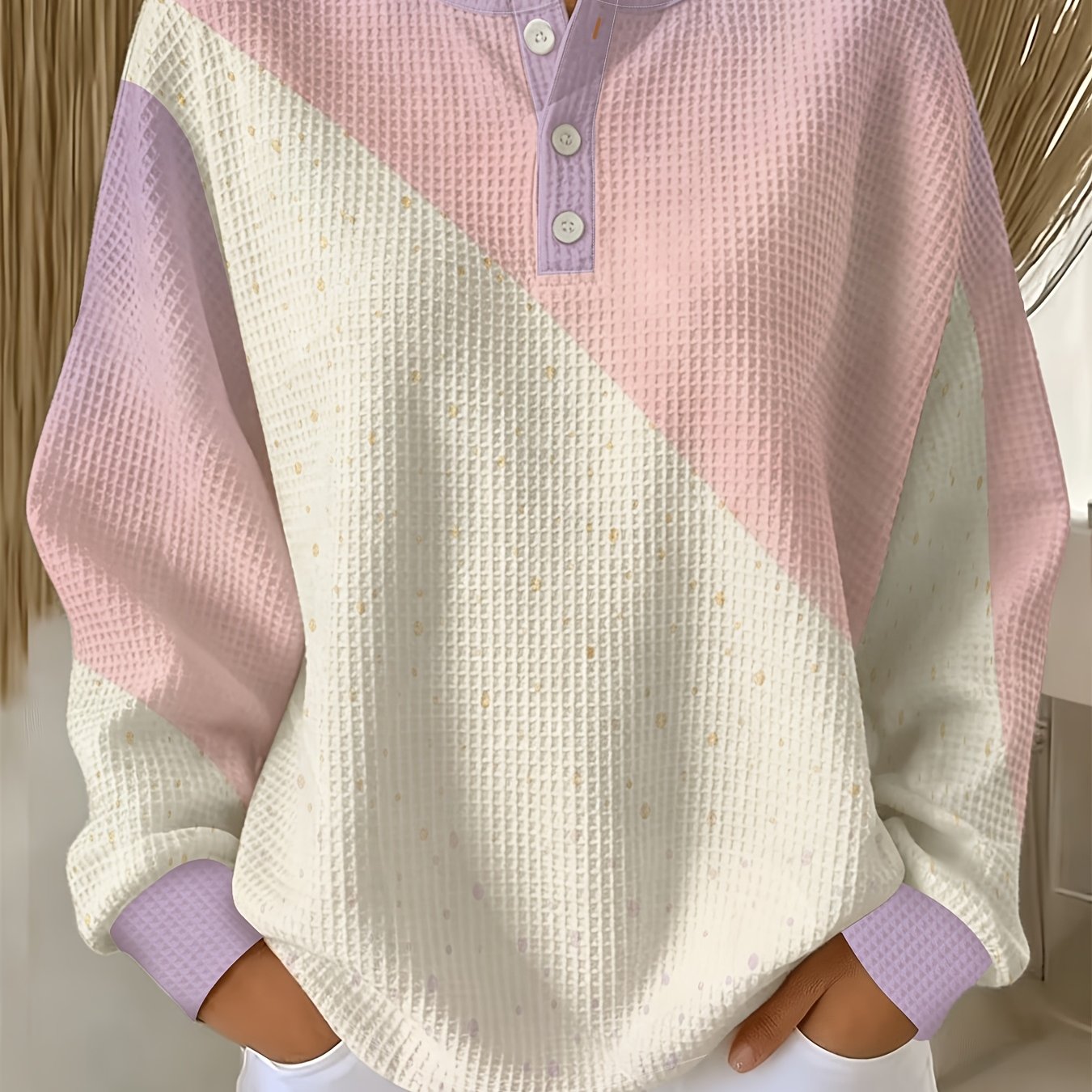 TEMU Women's Waffle Henley Long Sleeve Top, Pink Purple Contrast Geometric Polka Dot Print Loose Casual Blouse