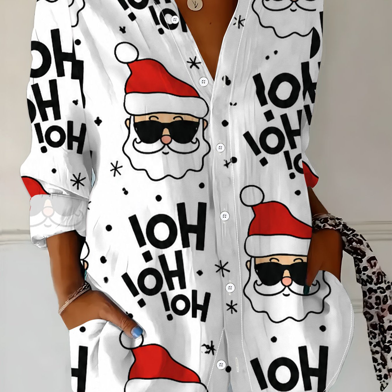 TEMU Women's Long-sleeve Shirt With Fun Prints, Loose-fit Printed Shirt In Santa Claus Style, Long-sleeve Collared Shirt For, Black, White, And Red