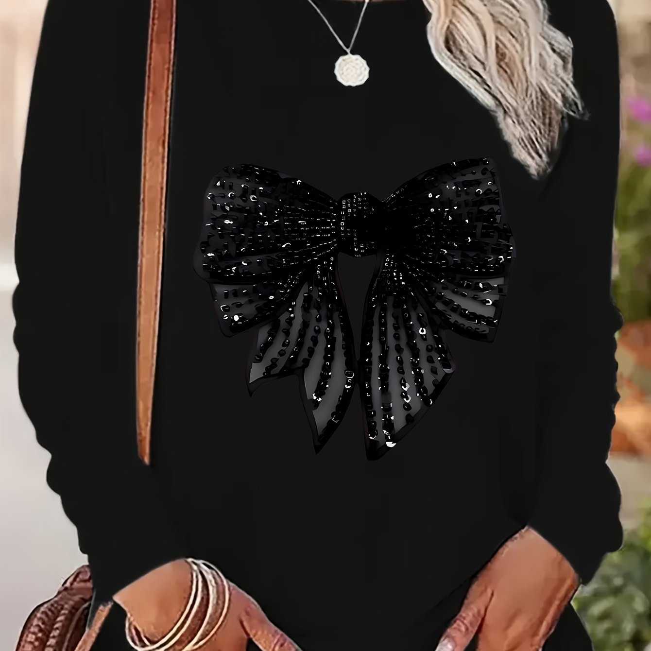 TEMU Artistic Bow Pattern - Women's Casual Round Neck Long Sleeve T-shirt, Suitable For Everyday Wear, Stylish And Elegant Y2k Fashion Clothing,