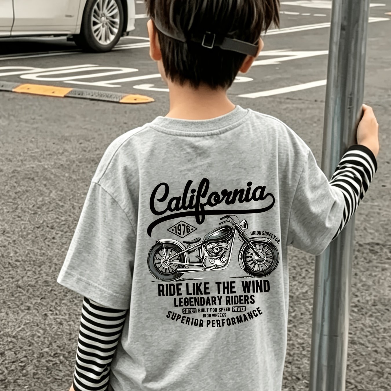 TEMU Boys' 2-in-1 Look Black And White Striped Top - Boys' Medium/large Size Fashionable Spliced Black And White Striped 2-in-1 Look Versatile And