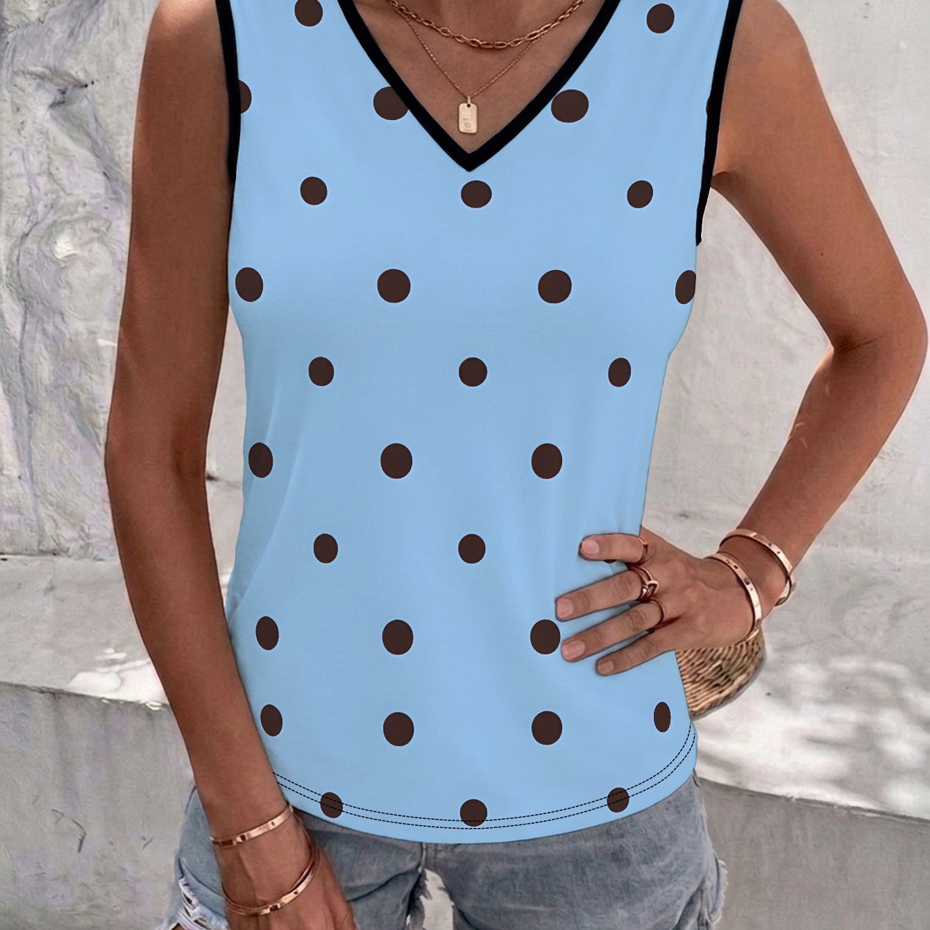 TEMU Sky Blue Polka Dots Women's V-neck Print Tank Top With Labeled Sizing
