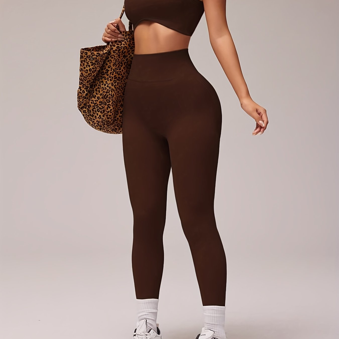 TEMU Women's 2pcs Letter Print Crop Top And Leggings Athletic Set - High-waist Breathable Fabric, Suitable For Yoga, Training, And Casual Wear,