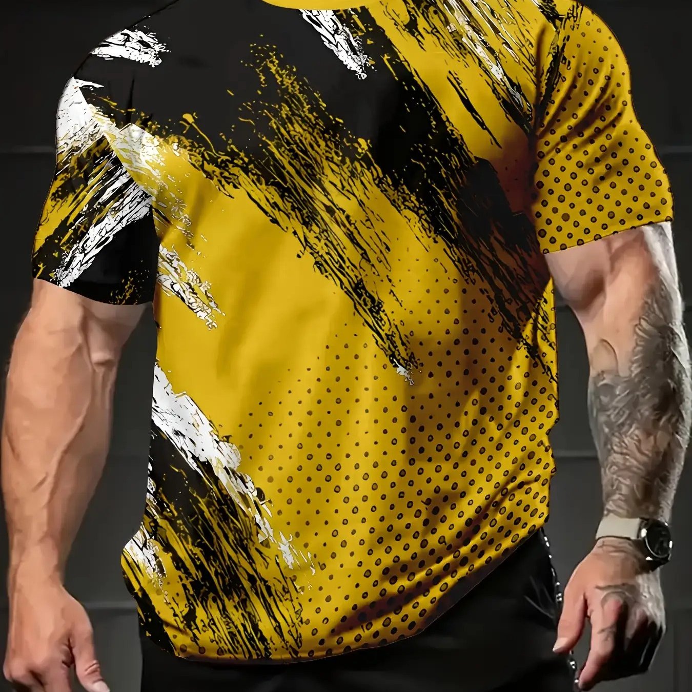TEMU Men's Block Short Sleeve T-shirt - Style, Comfortable Polyester Fit, Blue And White Abstract Pattern, Ideal For Summer Wear, Daily Clothing |