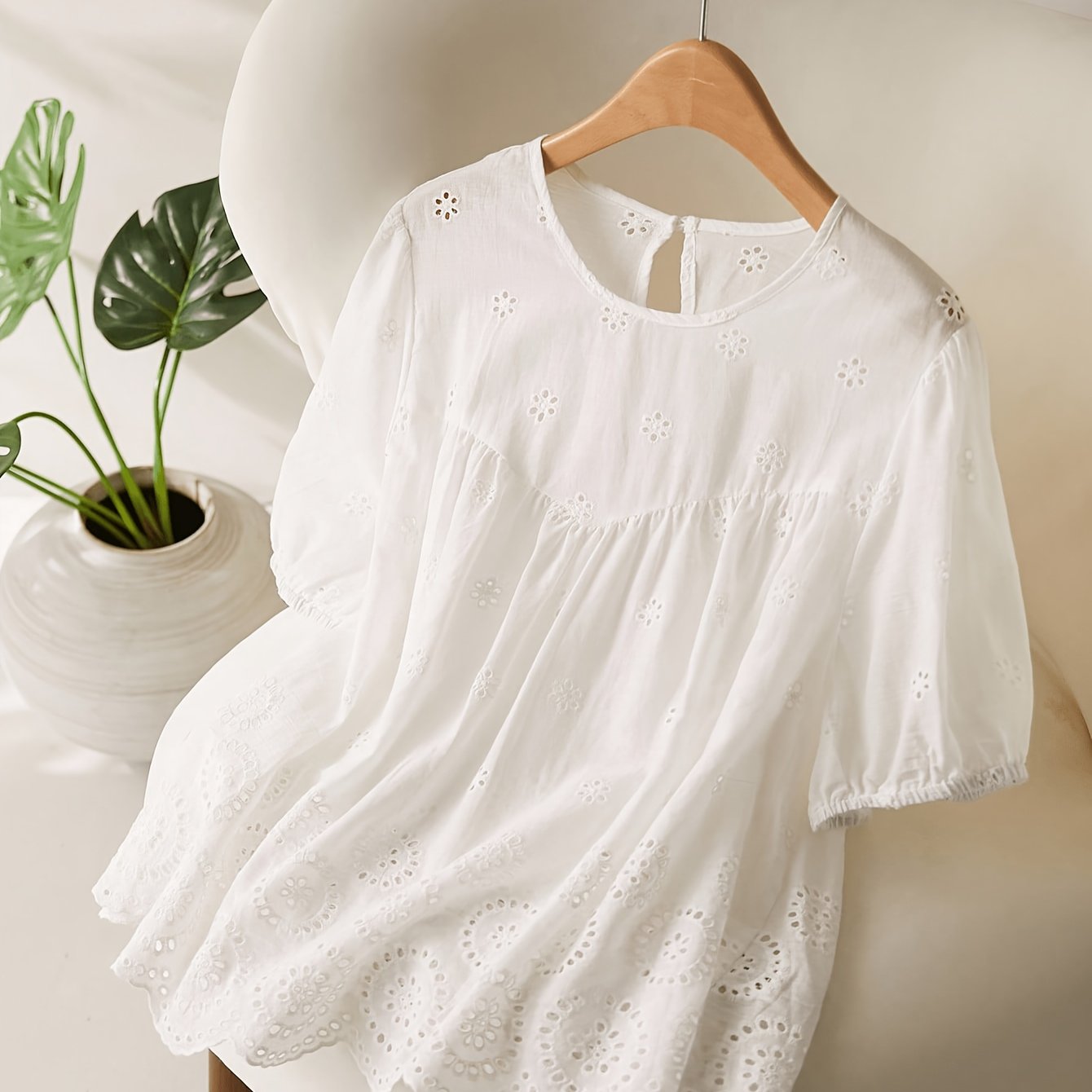 TEMU Plus Size, Plus Size Women's Casual Romantic Vacation Versatile Solid Color Hollow-out Embroidered Shirt, Summer