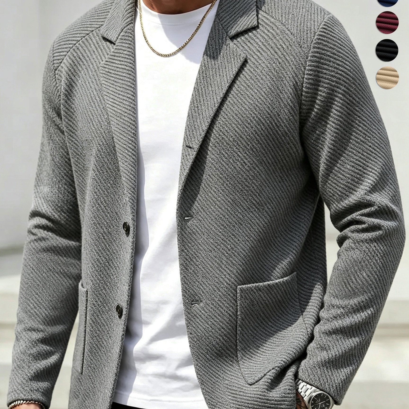 TEMU Men's Spring Autumn New Pinstripe Textured Fabric Blazer Collar Cardigan Single Button Double Casual All-match Long Sleeve Jacket, Knit Soft