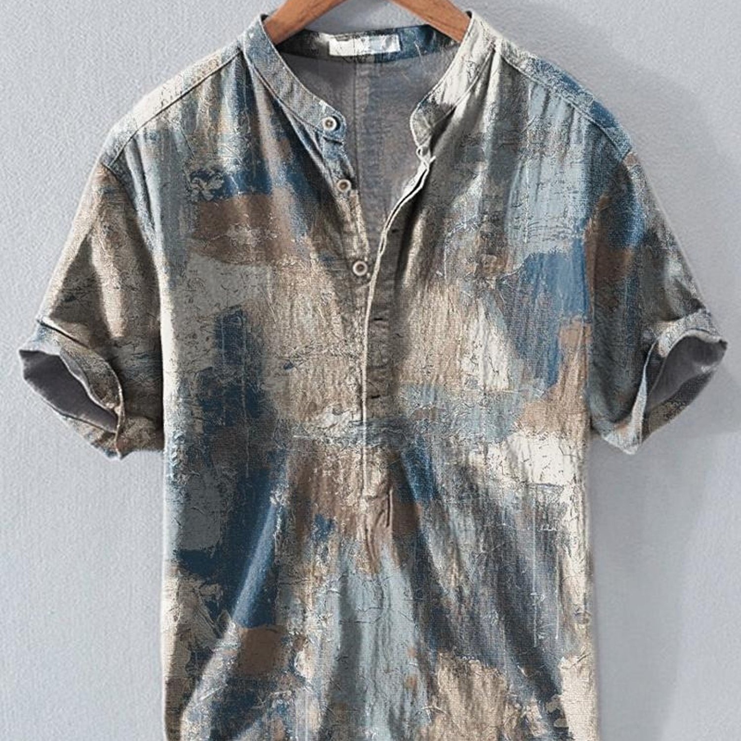 Image of Men's Fashion Shirt, Mixed Color (blue, Beige, Gray Tones) With Unique Abstract Pattern, Collar & Roll-up Cuffs, Artistic Textured Design, Multiple Specs, Ideal For Daily/work/social Wear, Hung On