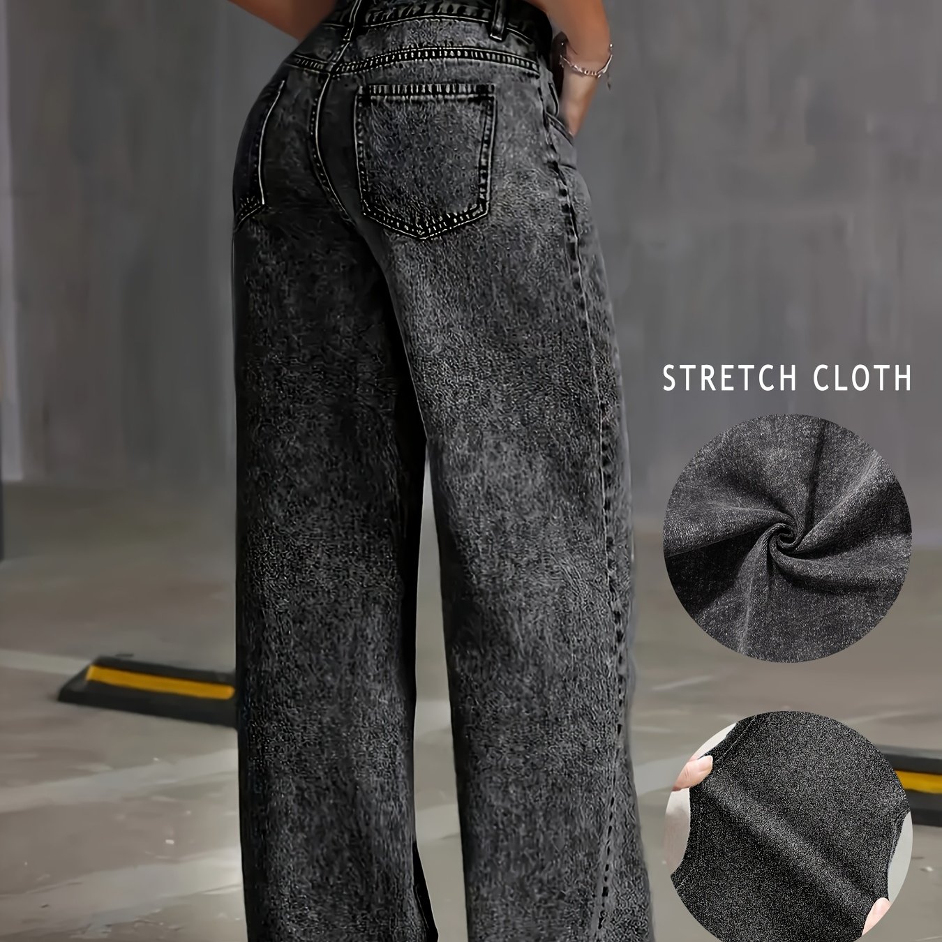 Image of Plus Size Women's 2026 Stretchy Straight-leg Black Jeans, Solid Snow-wash Denim Pants. Fashionable, Mom Jeans For Work And Campus. Loose Fit, Trendy Style For Curvy Figures