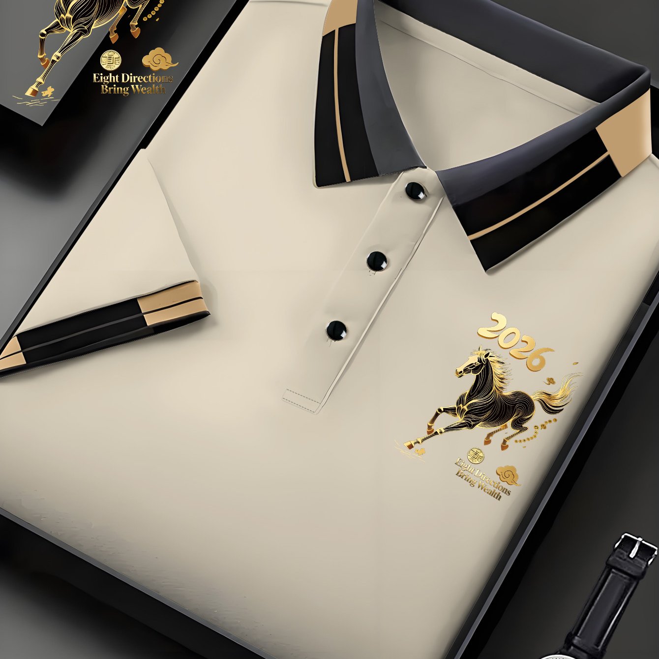 TEMU Horse Year; Golden Horse Implies Wealth From All Directions; Printed. Men's Quick-drying Short-sleeved Shirt, Lightweight Shirt Machine Washed,