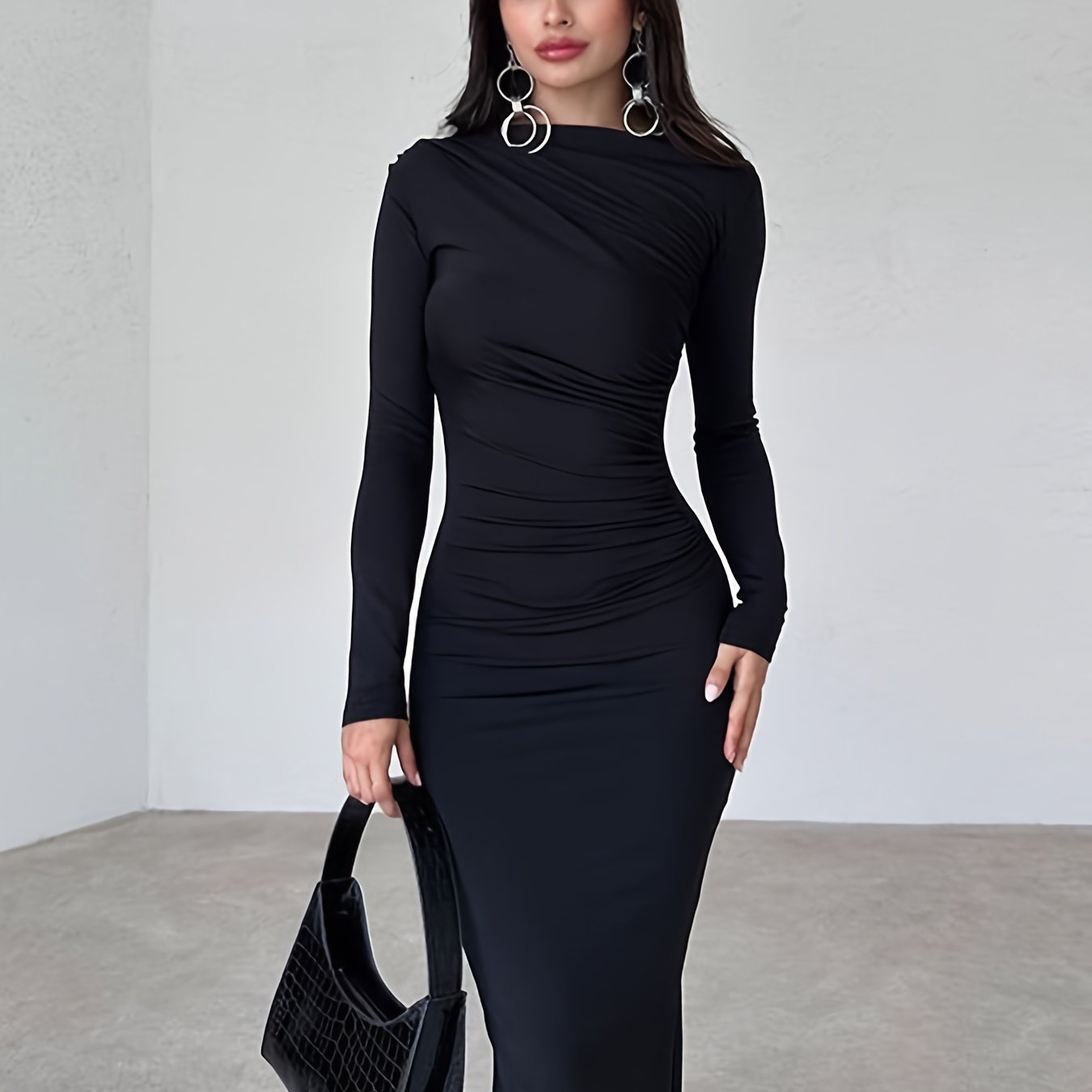 Sexy Solid Color Temperament Long Sheath Pleated Slit Long Sleeve Dress Women