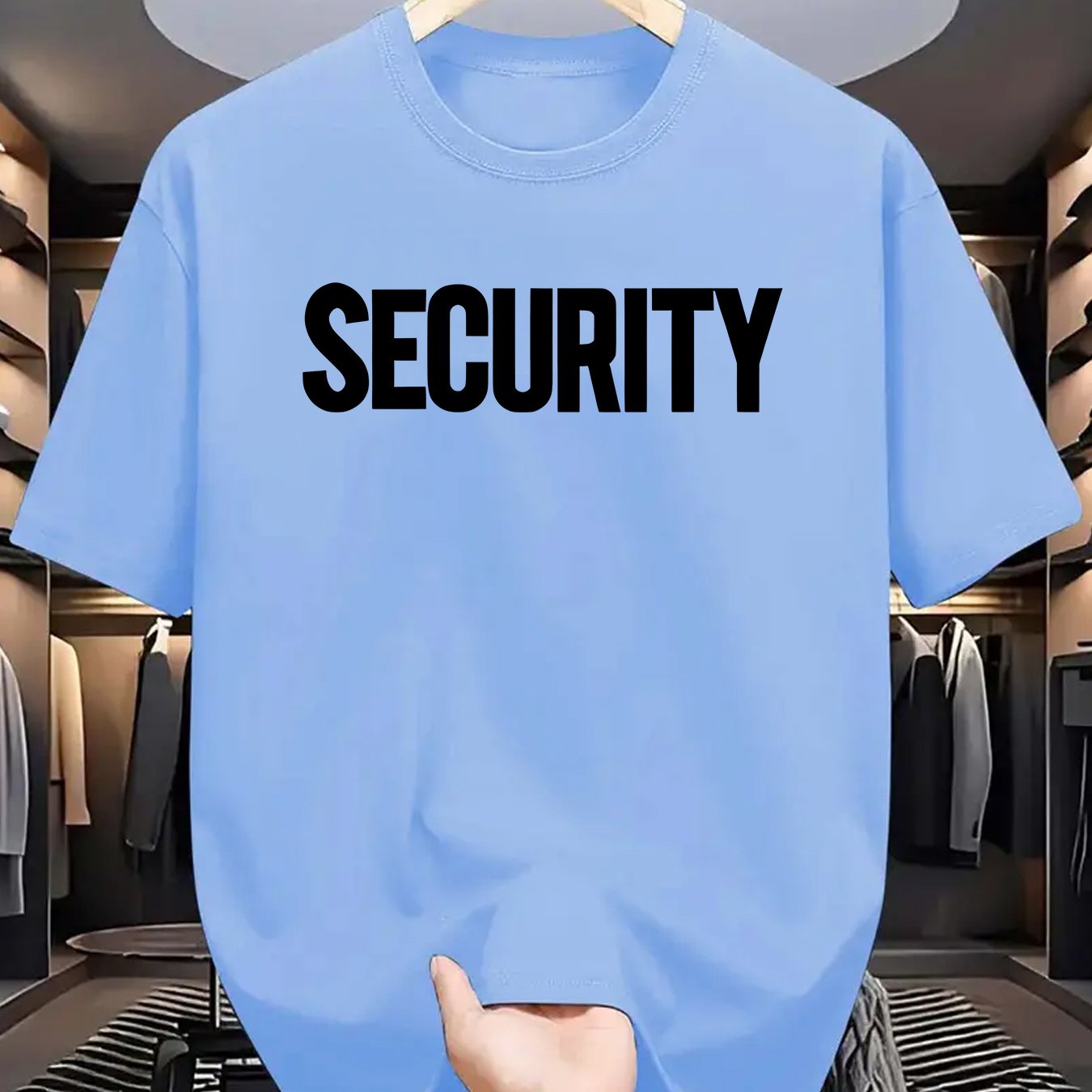 TEMU Security Printed Men's T-shirt - 100% Polyester Knit Fabric, Regular Fit, , Crew Neck, Slight Stretch, Summer Tee For Outdoor Activities