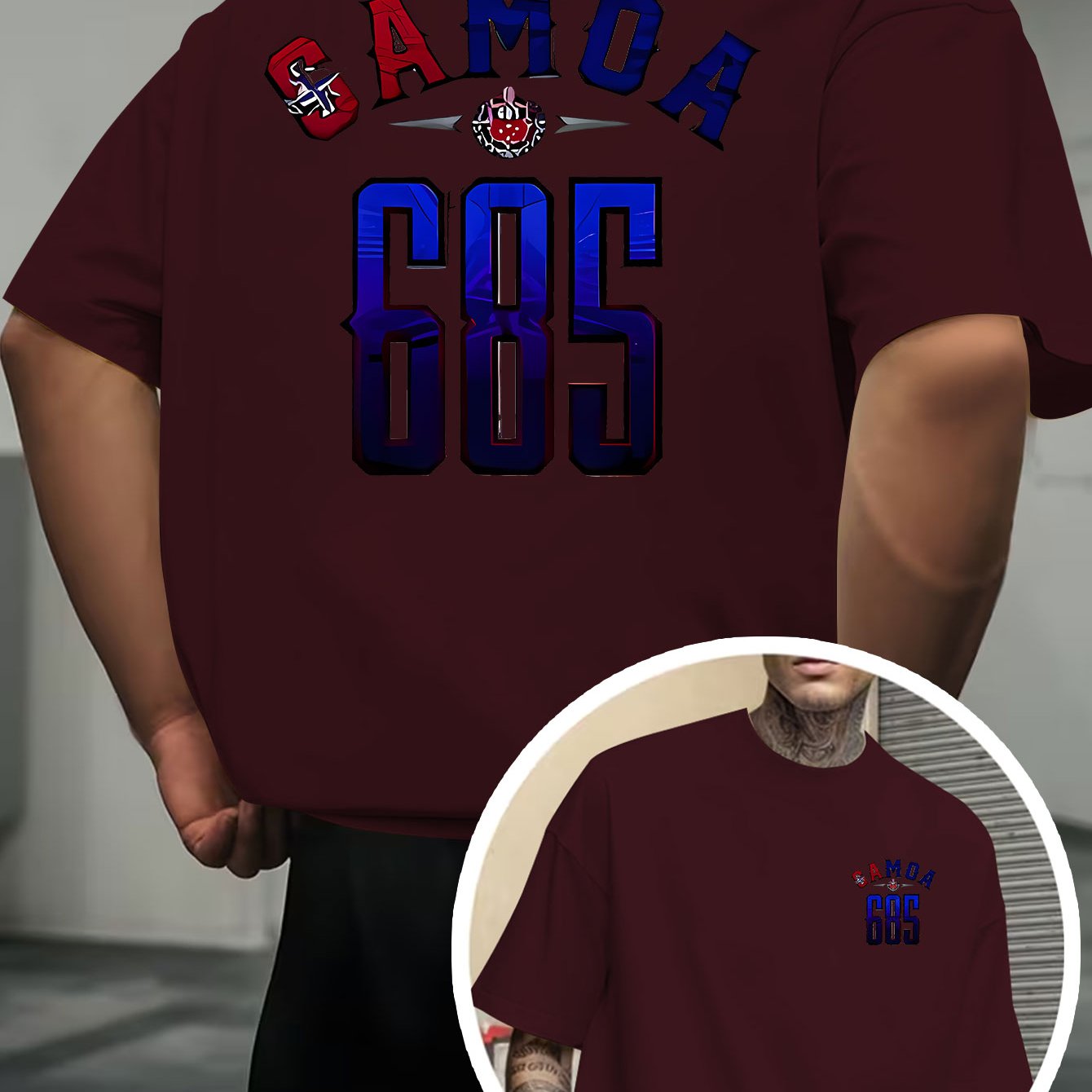 TEMU Samoa 685 Men'-themed T-shirt - Double-sided Samoa Area Code & Cultural Print Short Sleeve Shirt, Round Neck Casual Athletic Wear Suitable For