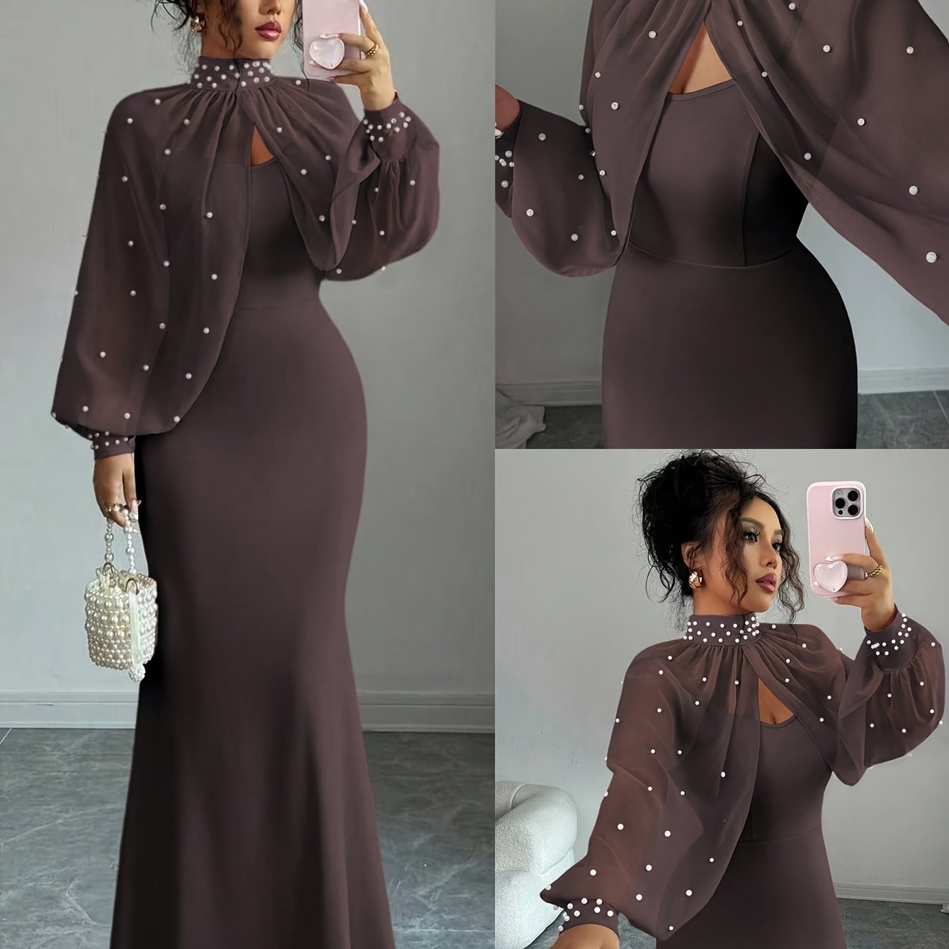 TEMU Mature And Elegant Evening Gown, Full Of Ceremony, Pink Long-sleeved Hand-painted Top, Fitted Mermaid Dress