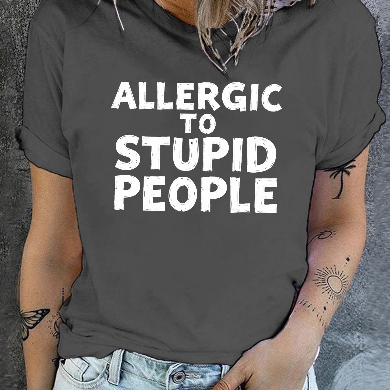 TEMU Casual Short-sleeve Crew Neck T-shirt For Women, Perfect For Spring And Summer, Featuring A Print That 'allergic To Stupid People'