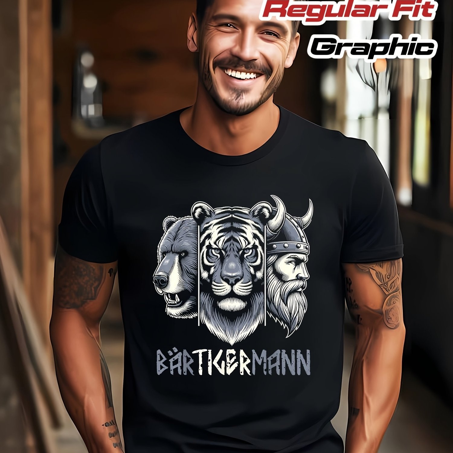 Men's And Bear Tiger Graphic T-shirt | Black With Beartkermaann Print, Edgy Norse Beard And , Breathable Regular Fit Short Sleeve Shirt For Casual Attire, , Machine Washable. Plus Size