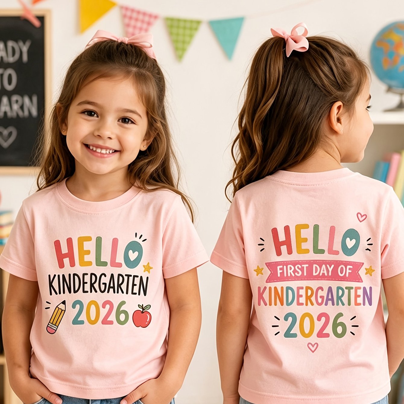 Image of Back To Clothes Clothes Back To School T-shirt Girl First Day Of Kindergarten Tee Cute Graphic Printed Short Sleeve Crew Neck Casual Summer Top For Little Girls