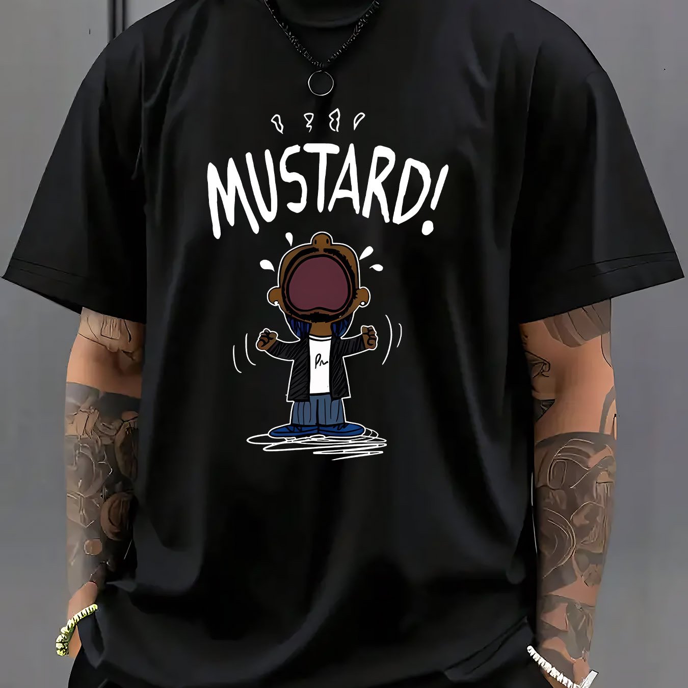 TEMU Men's Mustard T-shirt - Summer Collection, Round Neck Short Sleeve, White With "mustard!!!" Graphic, Lightweight & Breathable Fabric, Casual