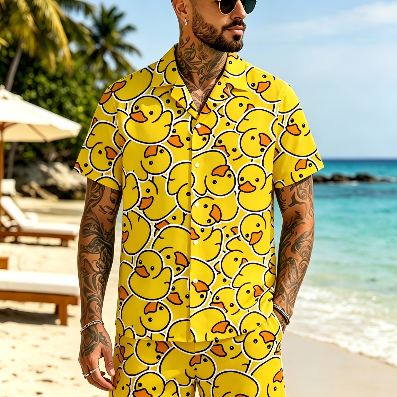 TEMU Men's Summer 2pcs Cartoon Duck Print Beach Shirt And Shorts Outfit