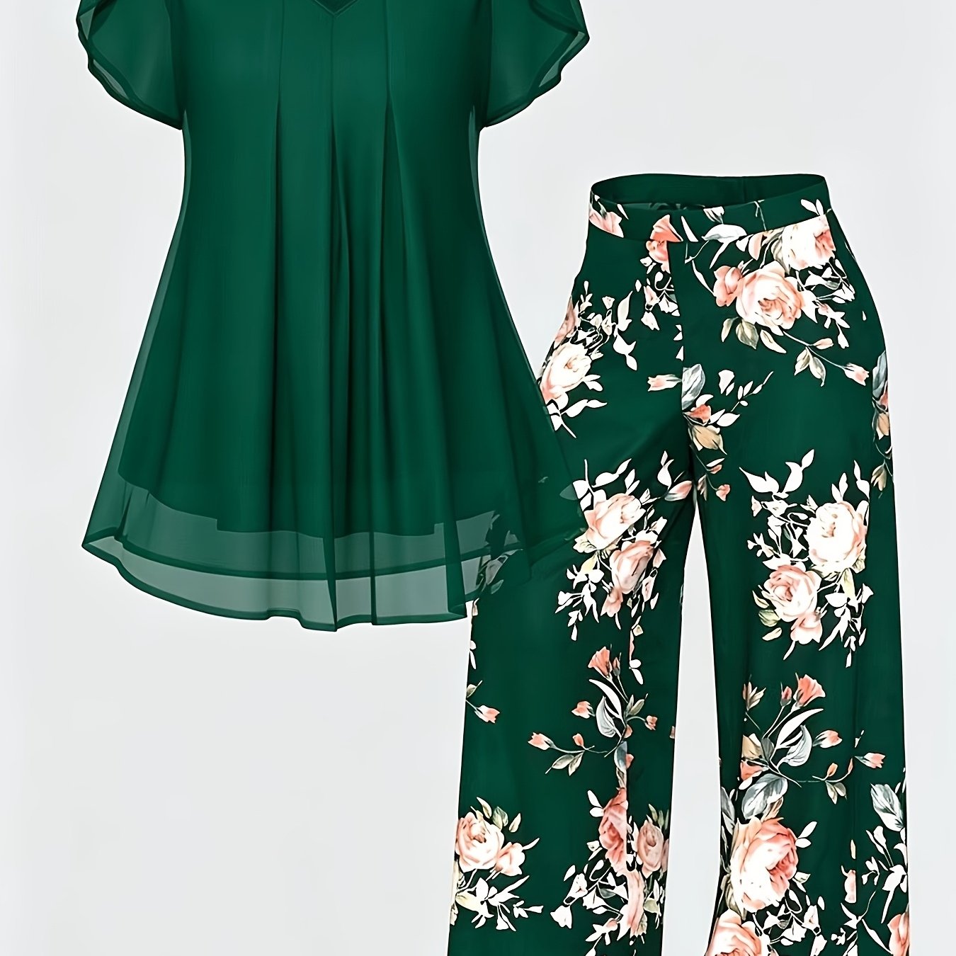 TEMU Plus Size - New Women' Color Top And Printed Pants Chiffon Fashion Style Set Top And Pants 2 Piece Set
