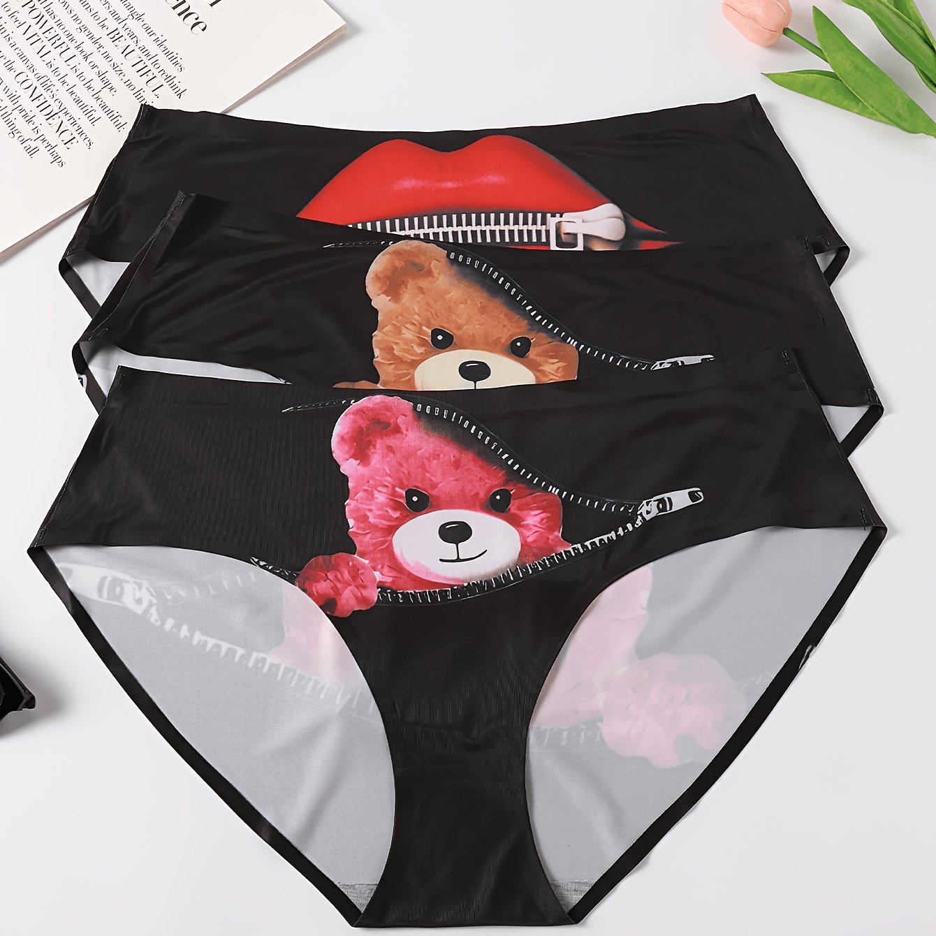 TEMU 3-pack Directional Development Little Bear Lip Zipper Cartoon Digital Printing Stretch Comfortable Breathable Quick-dry Women' Panties