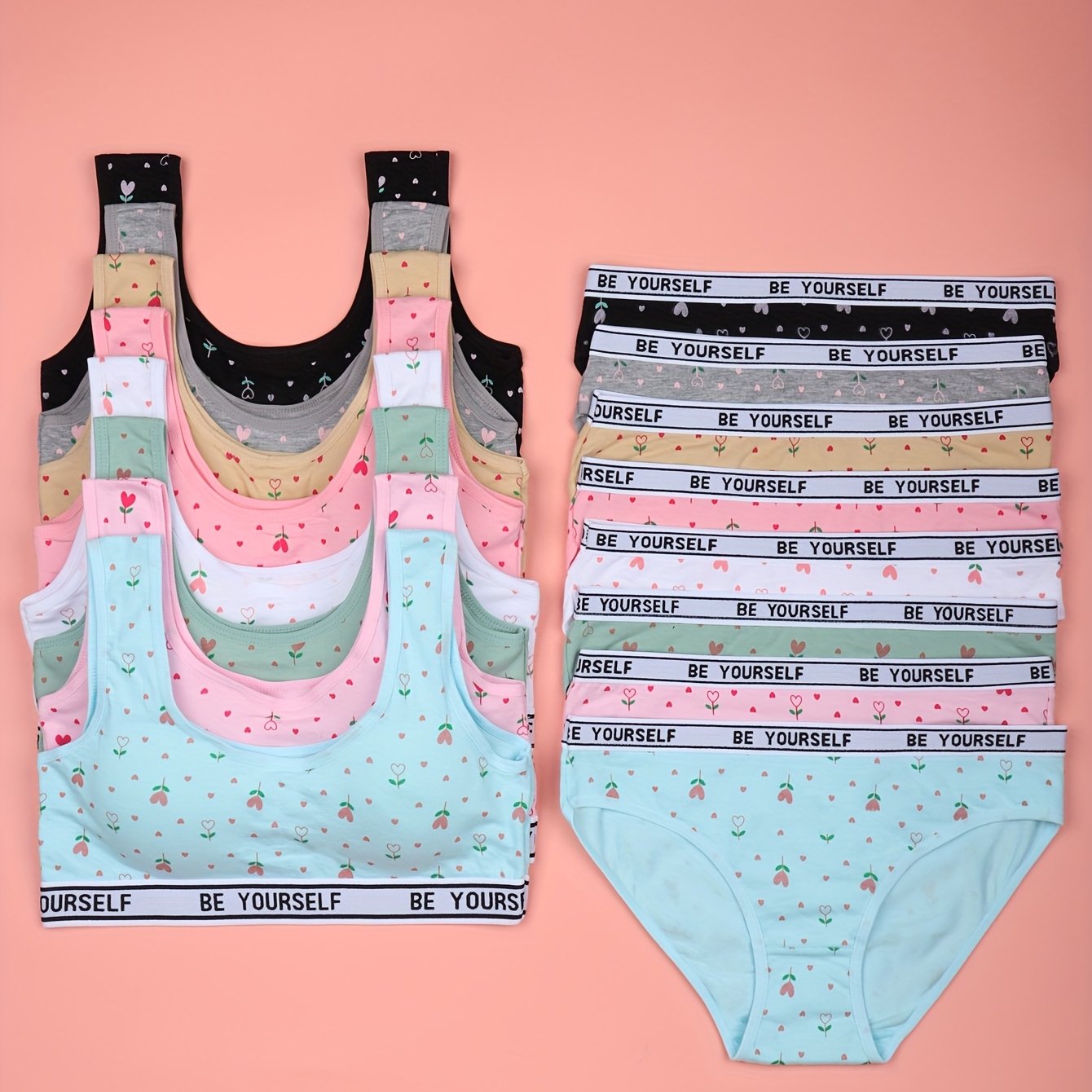 TEMU 8-set ' Bra Panties Set Comfy Breathable Underwear Set, Letter Print Training Set For 10-16, For Teenager, For Teenager