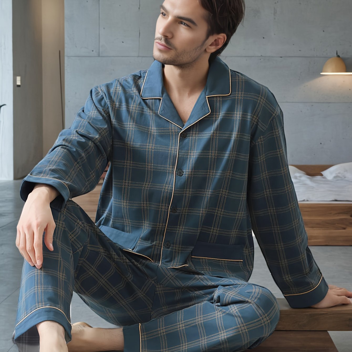 Image of Two-piece Pajamas Spring And Autumn Style Men's Home Clothes Long Sleeve Trousers Cardigan Collar Loose Casual Adult Youth