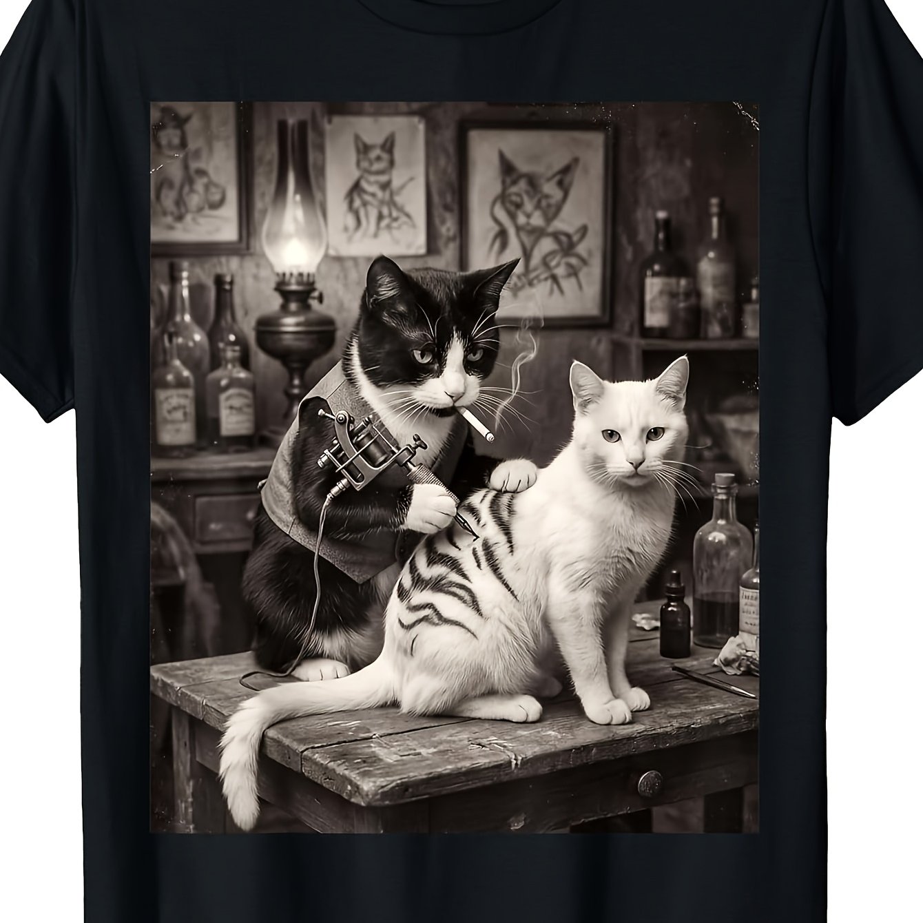 Image of Cat Smoking Tattoo Vintage Kitty Artist Funny Meme T-shirt Vintage Crew Neck, Short Sleeve, Loose Fit, , Casual Weekend Wear With Heat Transfer Printing, Plus Size