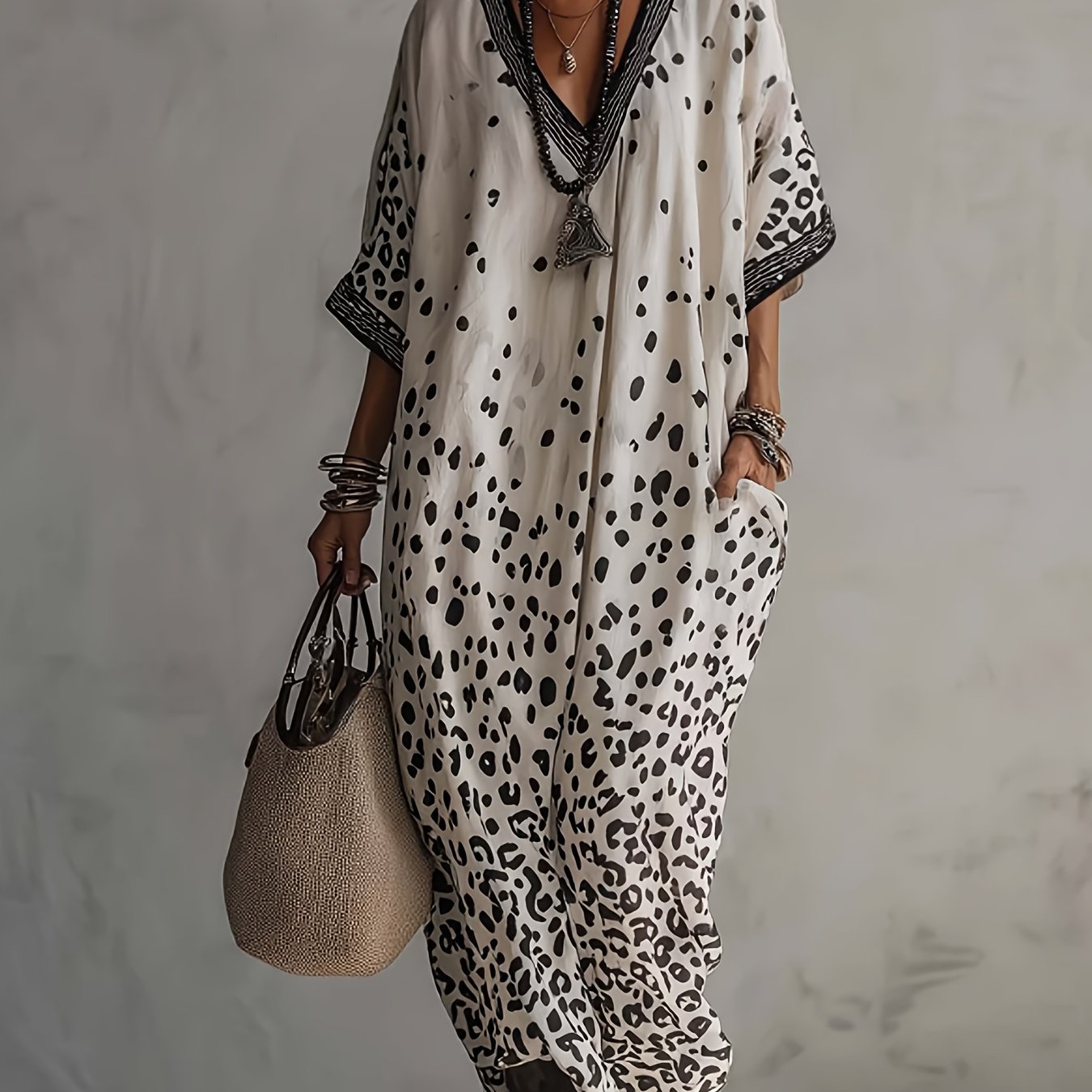 TEMU Vestido Largo de Talla Grande para Mujer, Vestido Retro con Estampado de y Leopardo, Corta y 3/4, Cuello en V, Ropa de Abrigo para Fiestas,