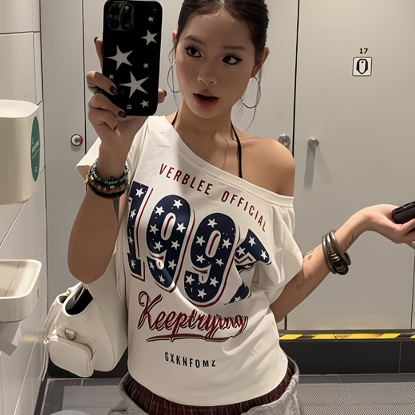 Image of Summer Trendy Women's Short Sleeve Off-shoulder Lettering Pretty Cold Shoulder Top Versatile T-shirt