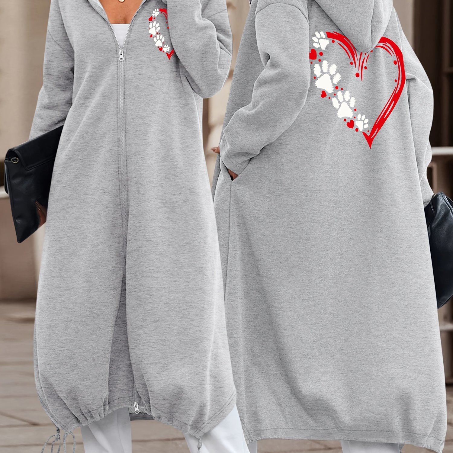 TEMU Women's Casual Fashion Long Hooded Jacket With Front And Back Red Heart Outline Print And White Paw Print Pattern, Comfortable And Versatile For
