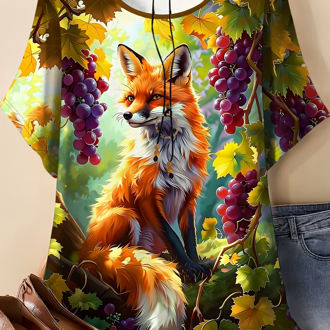 TEMU Women's Plus Size Summer T-shirt - Full-body Forest Fox & Grape Vine Print Round Neck Short Sleeve Suitable For Casual Casual Attire, Machine