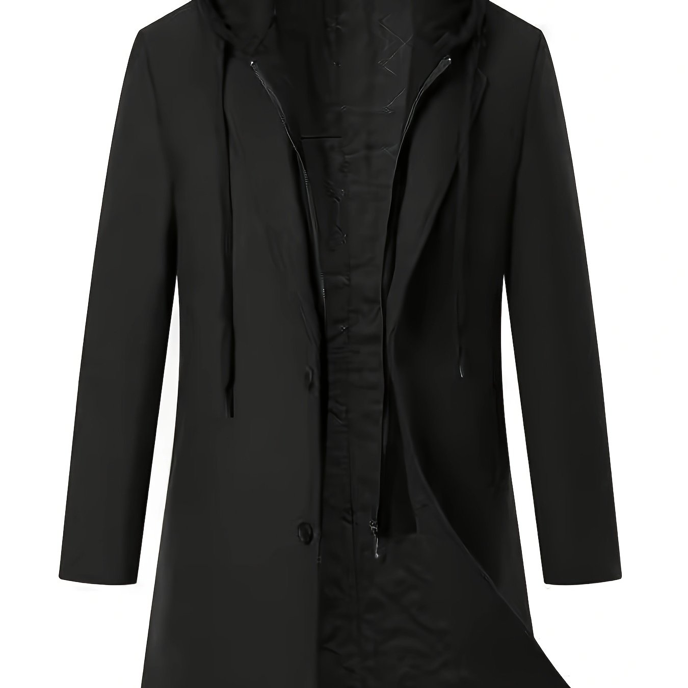 Image of Men's Mid-length Hooded Windbreaker, Fixed Hood Trench Coat, Button Zipper Dual Closure Outerwear, Business Commuting Casual Coat, Men's Windproof Coat
