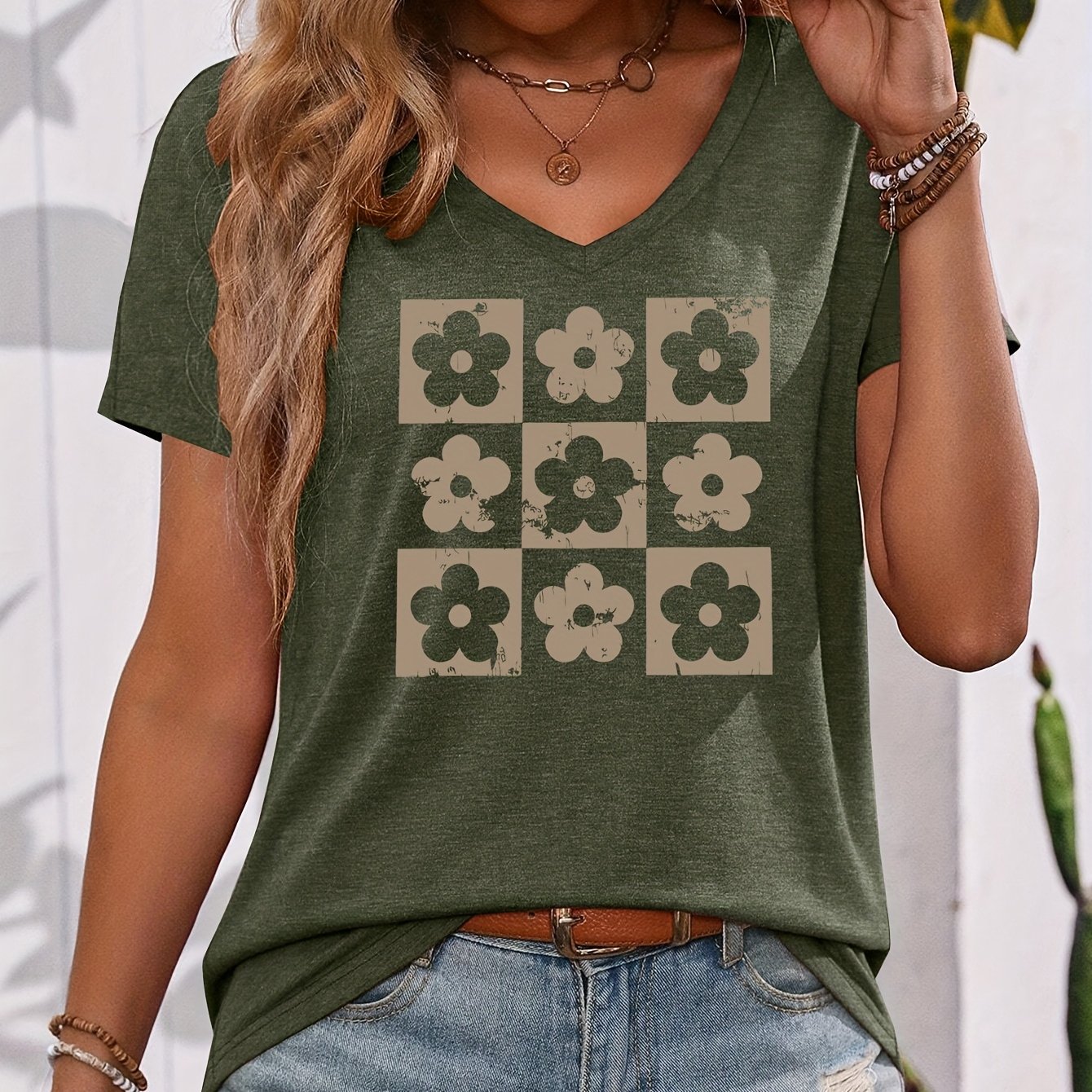 TEMU T-shirt à col en V à manches courtes avec imprimé floral à carreaux marron et blanc, idéal pour , facile et décontracté, parfait pour les