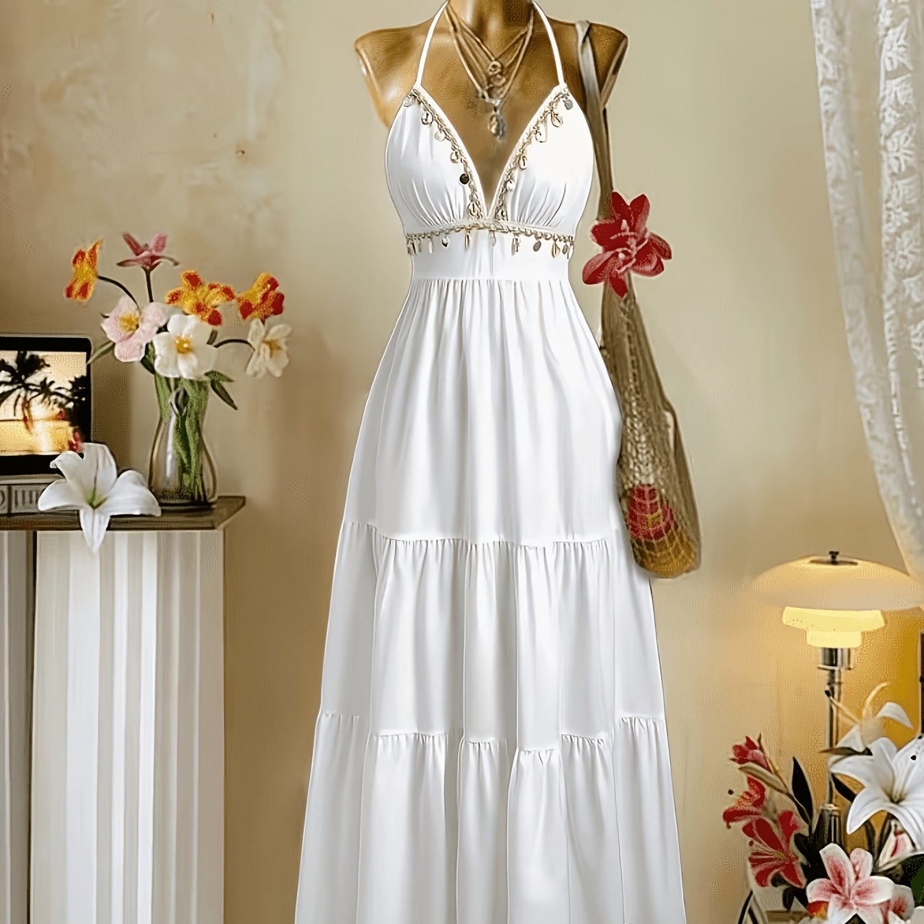 Women's Shell-trimmed Tie-waist Midi Strapless Camisole