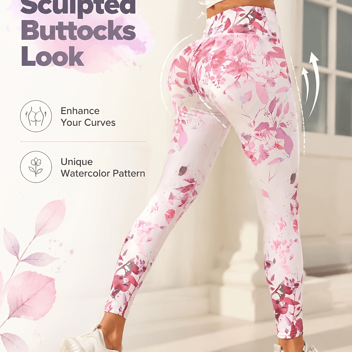 Image of Pink Flowers Scattered Printed Yoga Leggings, Running Tights, Women's Sportswear