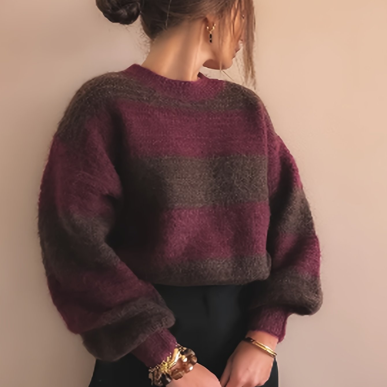 TEMU Retro Striped Sweater Women's Soft Fluffy Lazy Off-shoulder Loose Top