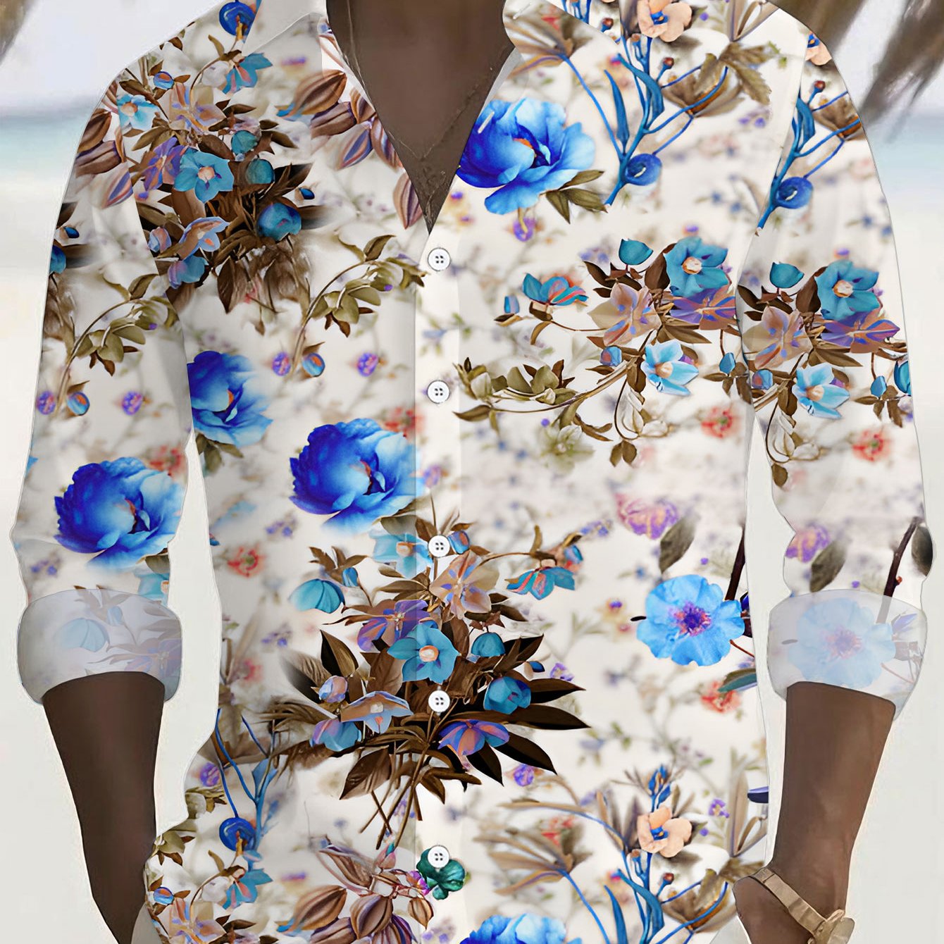 TEMU Casual Shirt Comfortable All-match Men's Plus Size Long Sleeve Shirt, Wear, Shirt Blue And White Floral Pattern, Fashionable And Grand, Machine