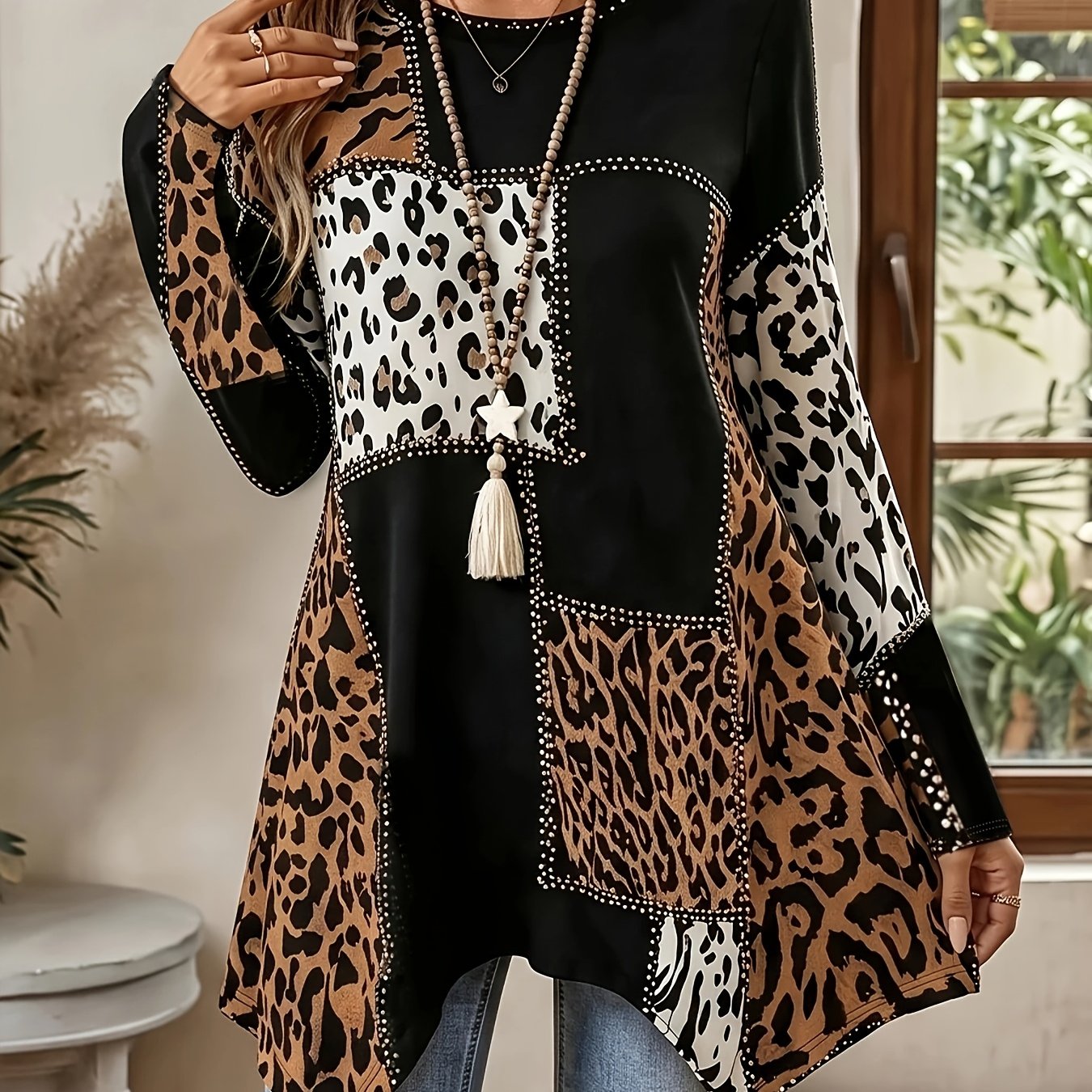 TEMU Haut grande taille femme imprimé léopard color block manches longues, col rond ourlet biseauté irrégulier, sous-vêtement couvrant l', haut