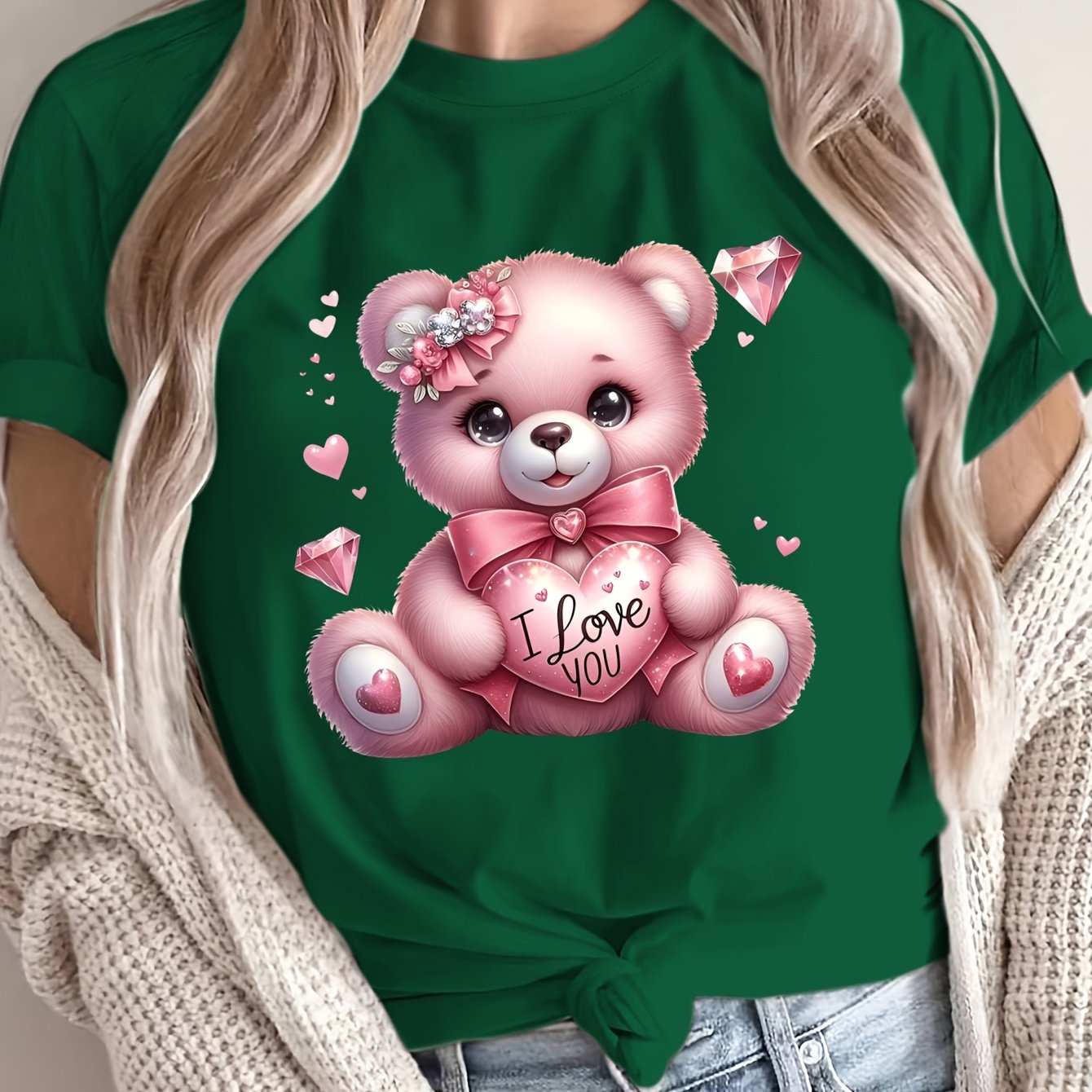 TEMU Women's Valentine's Day Teddy Bear Graphic T-shirt - Soft Breathable With & "i Love You" Design, Casual Short Sleeve Top For , Valentine's Day