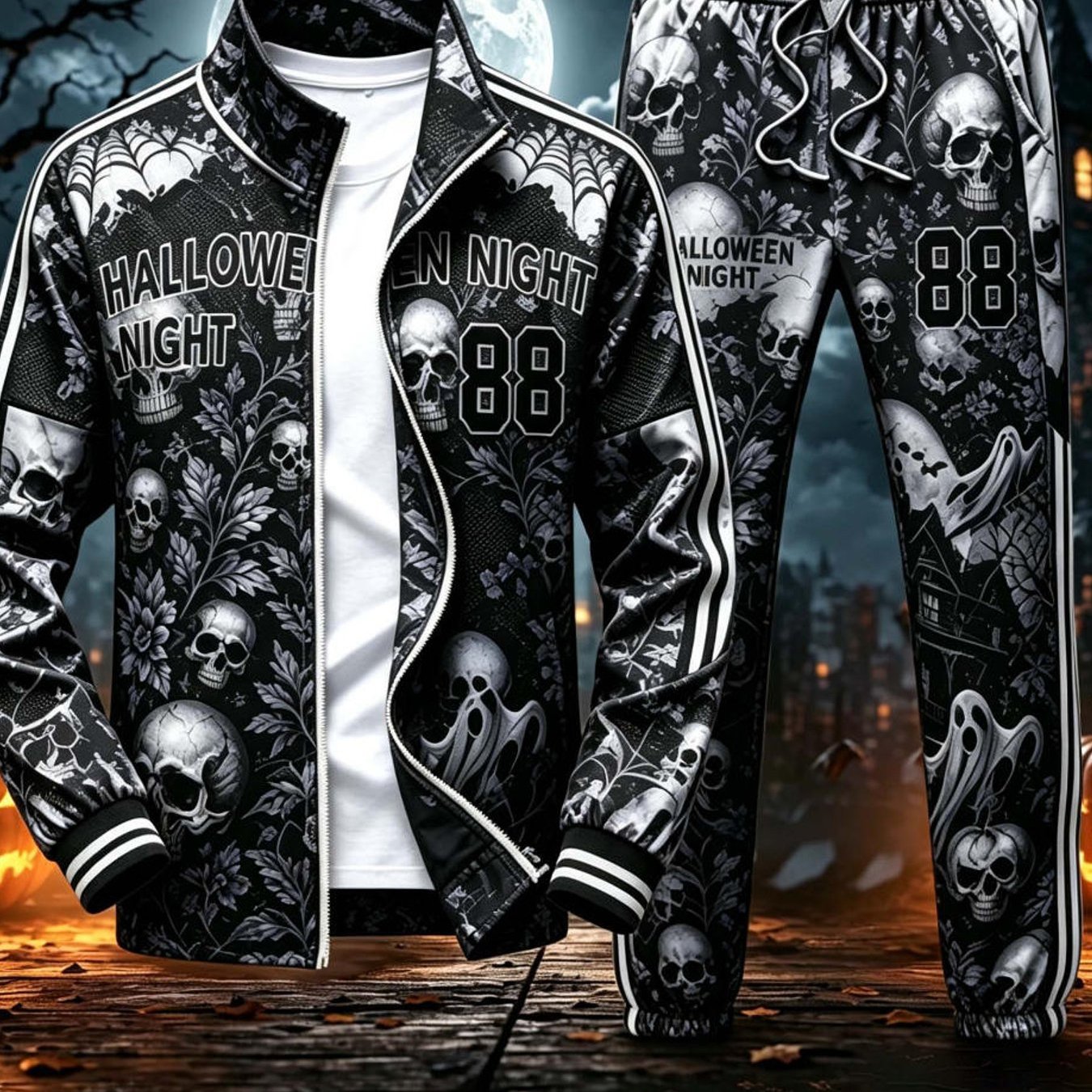 Image of Tracksuit Set Men's Fashion Halloween Night Graphic 88 Skull Street Style Casual Wear For Adults Men Big Size Fall Holiday Gift Party Outfit, Plus Size