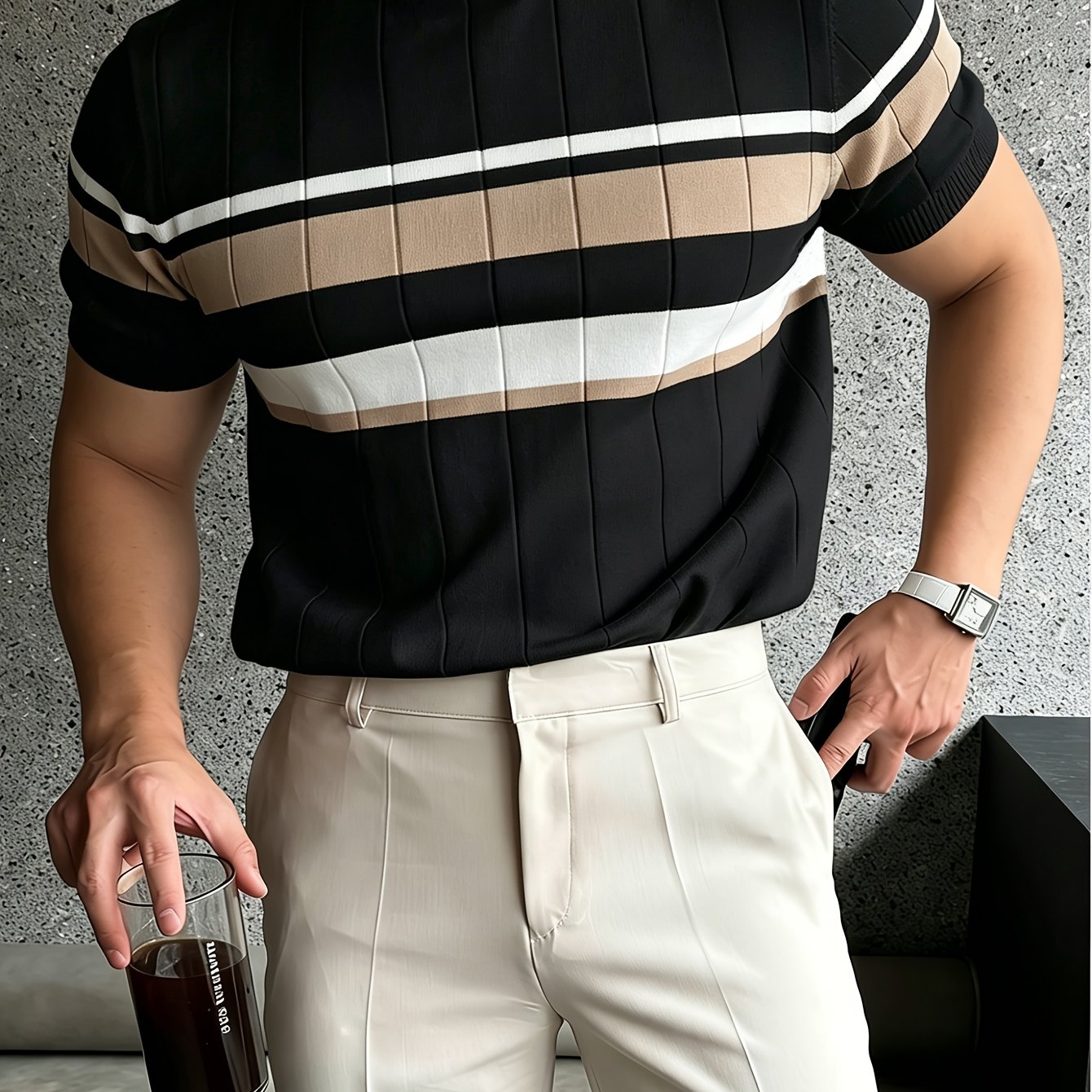 TEMU Pull en à manches courtes pour homme, color block, haut à col rond , business casual d'été, automne/hiver